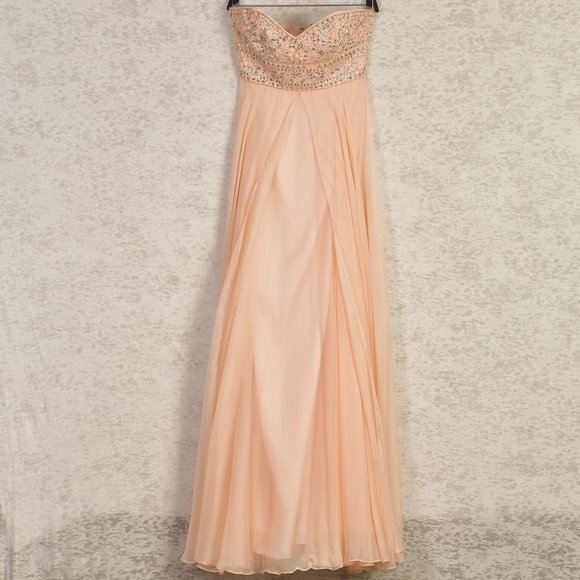 Jovani Peach Beaded Strapless Full Chiffon Flowy Maxi Dress Size 2 - Picture 3 of 12